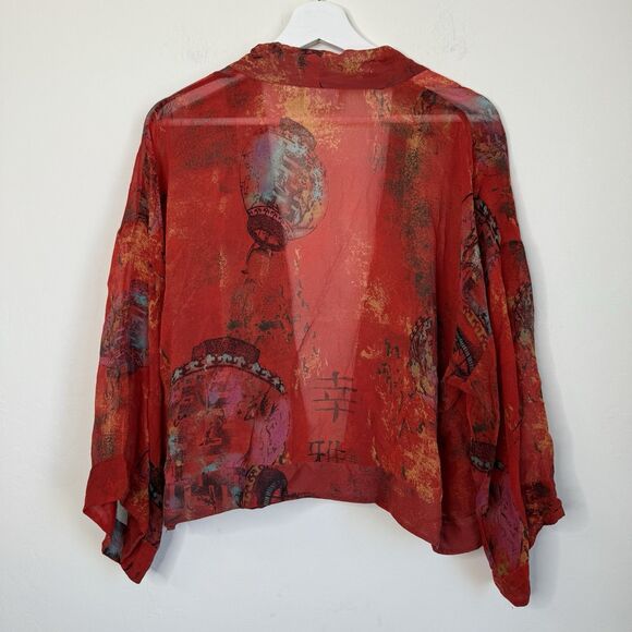 Chicos Womens Sz 1 M/8 Red Silk Asian Lantern Kimono Open Tie Front Blouse Top - Picture 9 of 12